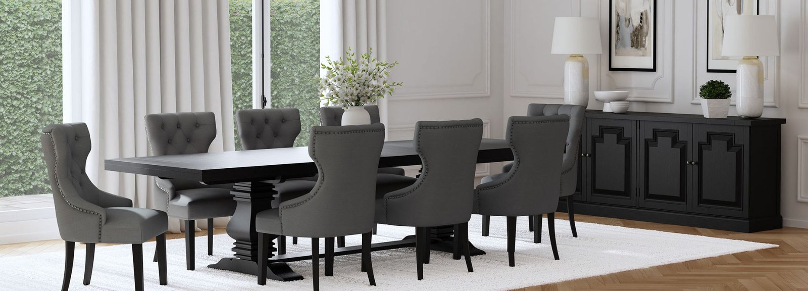 Formal dining set with tufted chairs and a black buffet