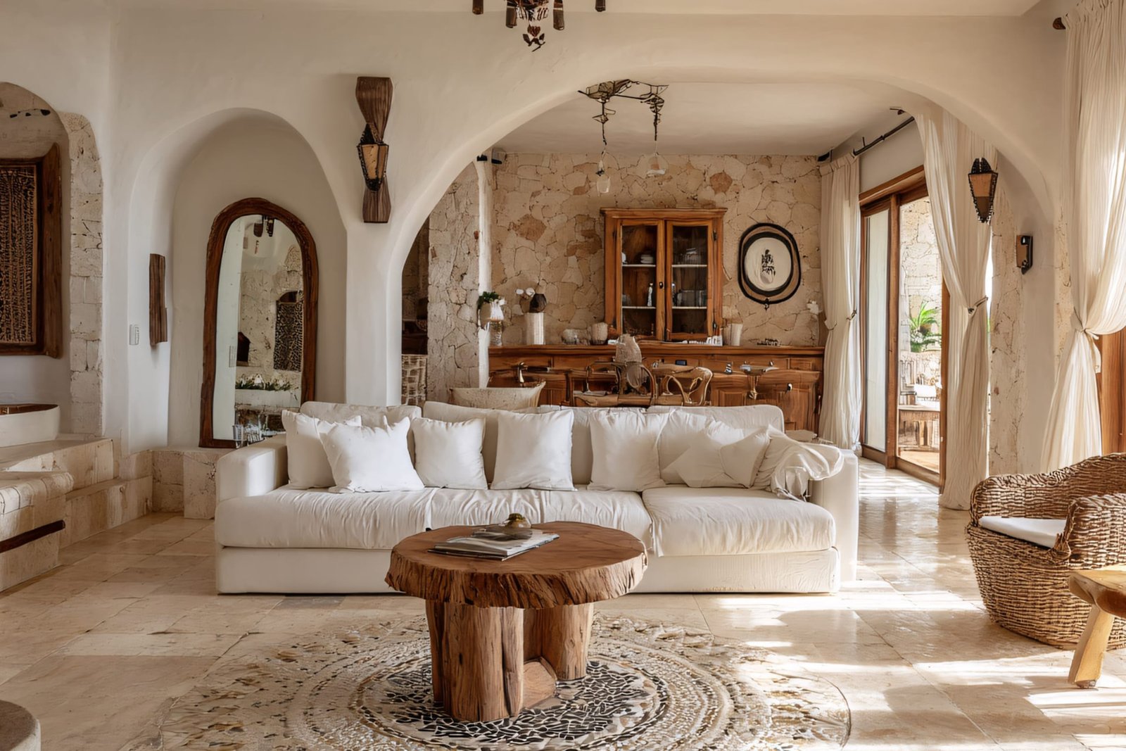 Mediterranean living room with white slipcover sofa and wood slab table