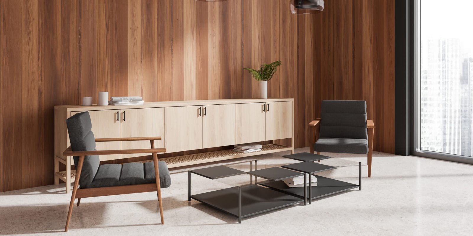 Light oak sideboard with mid-century lounge chairs and nesting tables