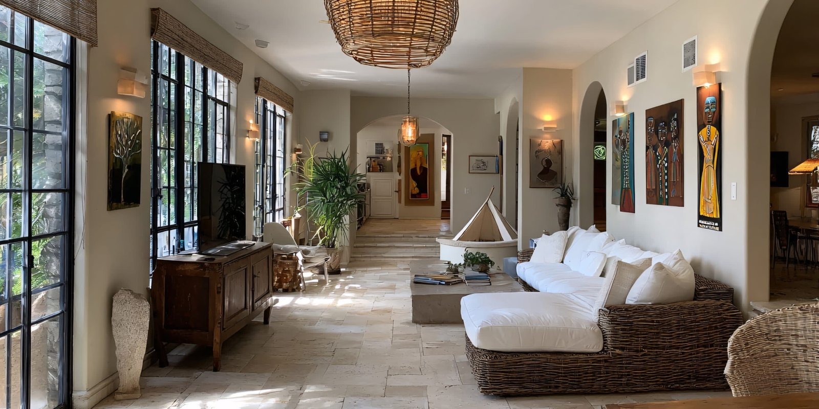Bright villa hallway with woven daybed and gallery wall